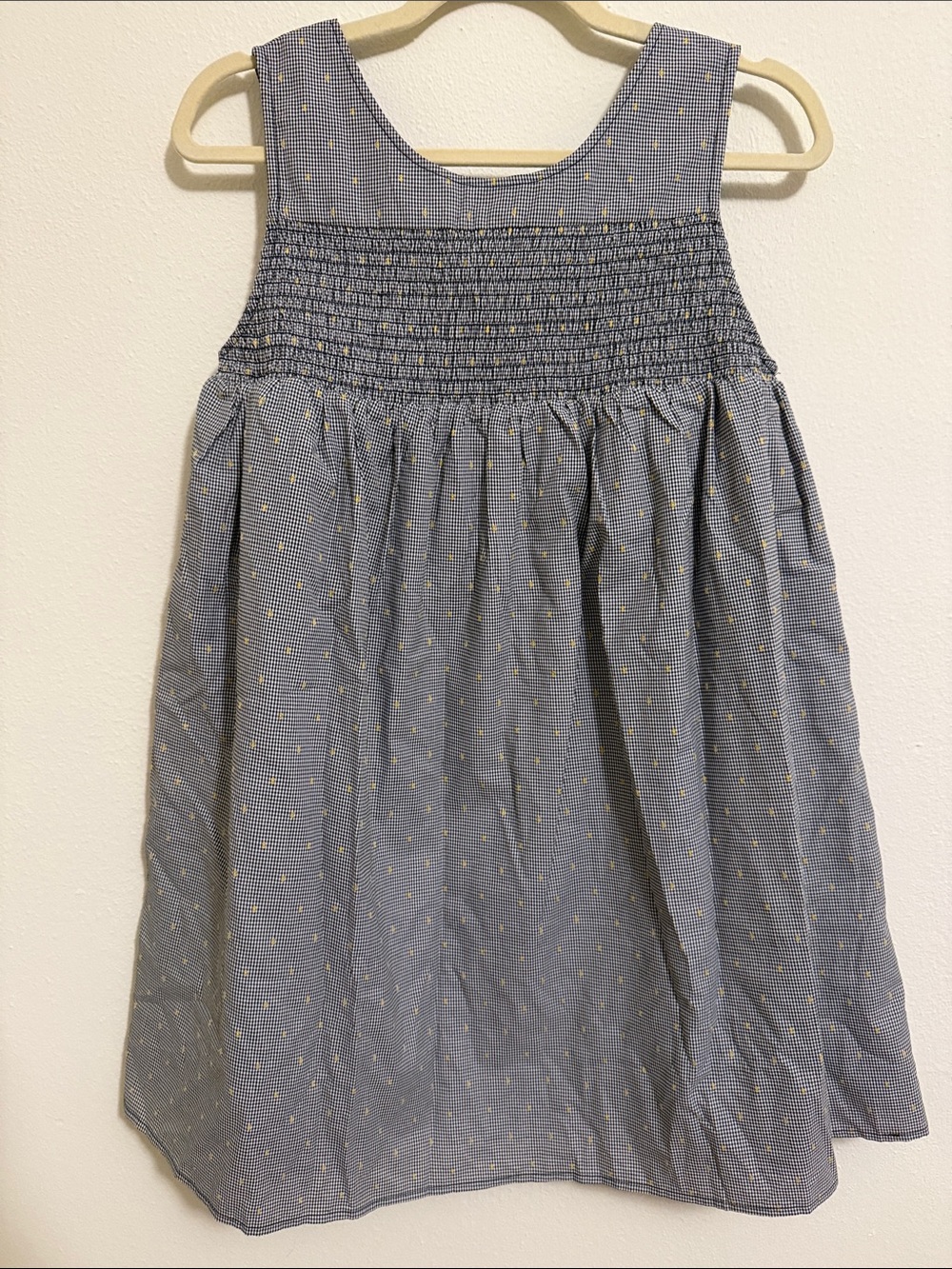 Blue Smocked Sundress with Tiny Yellow Dots